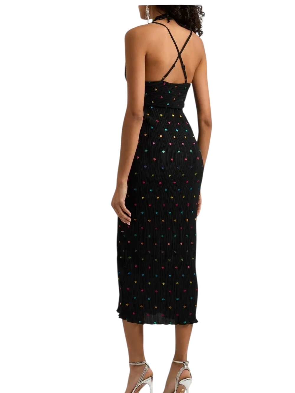 NWT Never Fully Dressed Megan Plissé Dress L Blk Metallic Polka Dot Maxi Halter - Picture 2 of 15